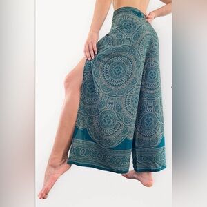 Bohemian Rayon Mandal Wrap Tie Dance Pants Teal Flowy Hippie Festival One Size